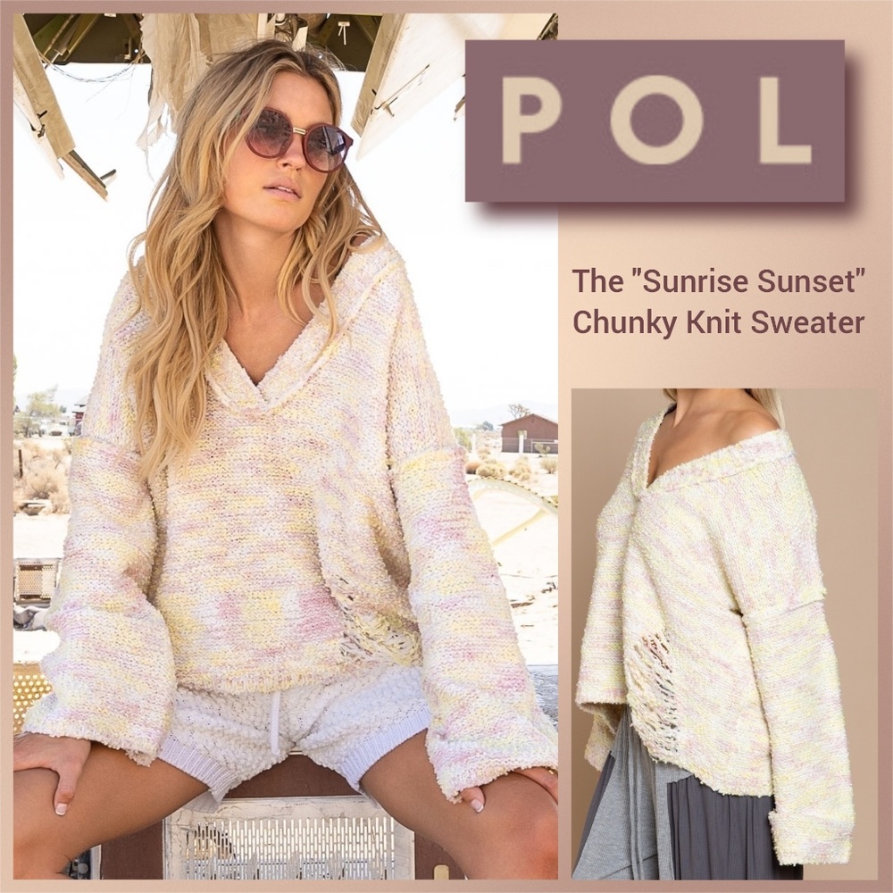 📌 POL “Sunrise Sunset” Distressed Soft Chunky Oversized Sweater Sexy Deep V-Neck